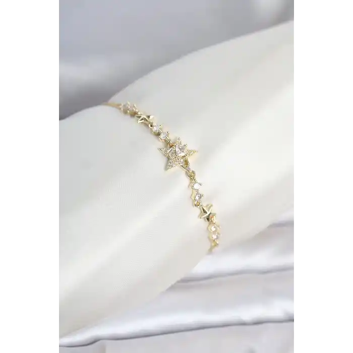 Gold Renk Pirinç Yıldız Model Asansörlü Kadın Bileklik
