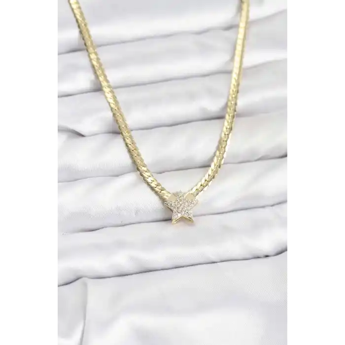 Gold Renk Pirinç Yıldız Zirkon Taşlı Kadın Kolye