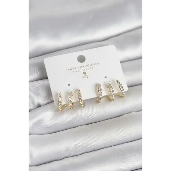 Gold Renk Pirinç Zirkon Taşlı Kadın Küpe