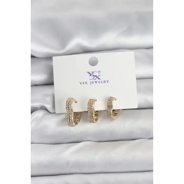 Gold Renk Pirinç Zirkon Taşlı Kalpli Kadın Küpe