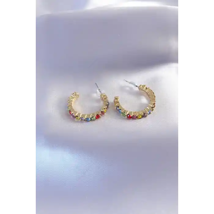 Gold Renk Yarım Halka Model Renkli Kristal Taşlı Kadın Küpe