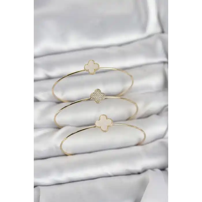 Gold Renk Yonca Model Zirkon Taşlı 3lü Kadın Bileklik Kombini