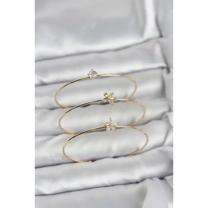 Gold Renk Zirkon Taşlı Pirinç 3lü Kadın Bileklik Kombini