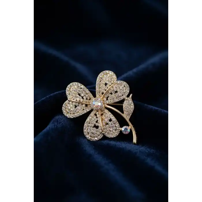 Gold Renk Zirkon Taşlı Yonca Model Broş