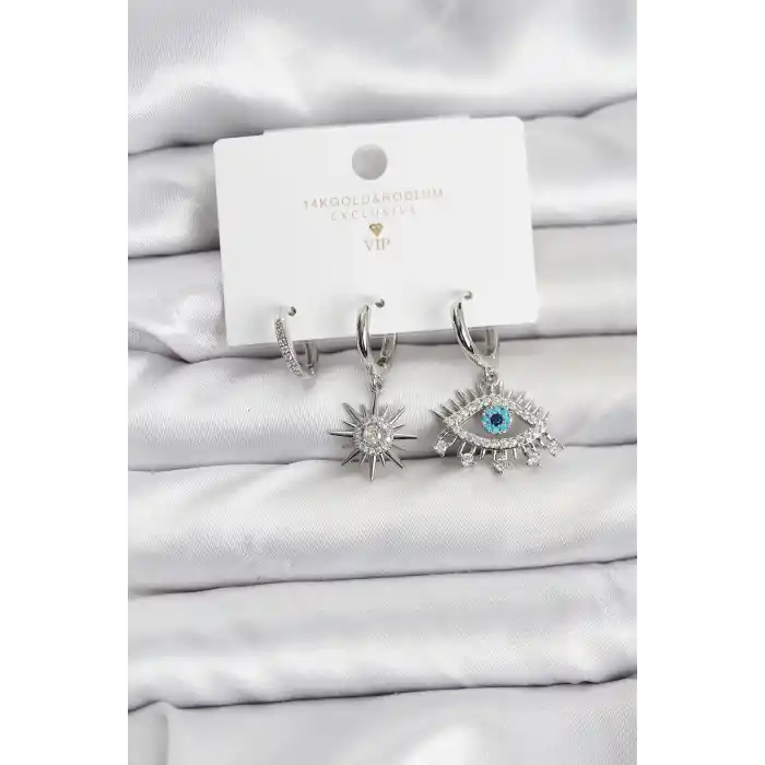 Göz Model Gümüş Renk Pirinç 3lü Kadın Küpe Seti