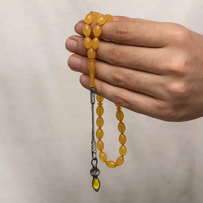 Gümüş 1000 Ayar Kazaz Püsküllü Sıkma Kehribar Tesbih