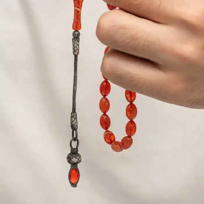 Gümüş 1000 Ayar Kazaz Püsküllü Sıkma Kehribar Tesbih