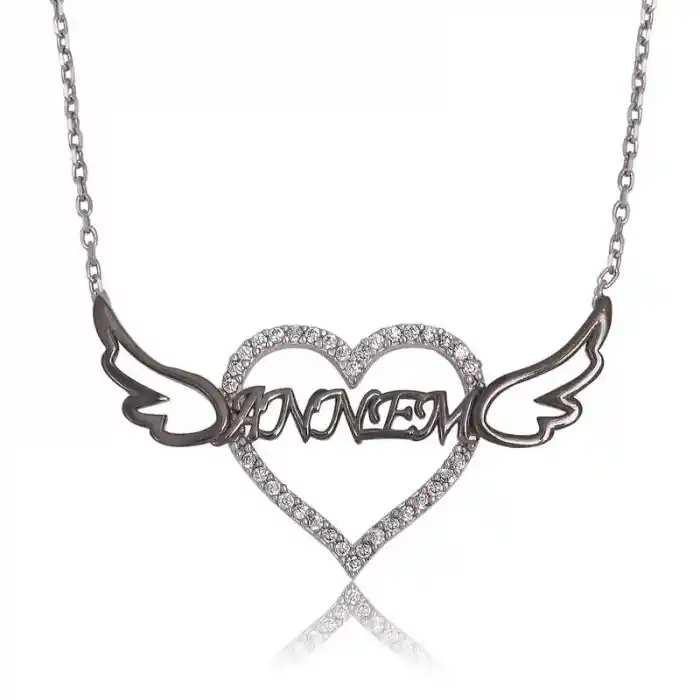 Gümüş Annem Yazılı Kalp Bayan Kolye