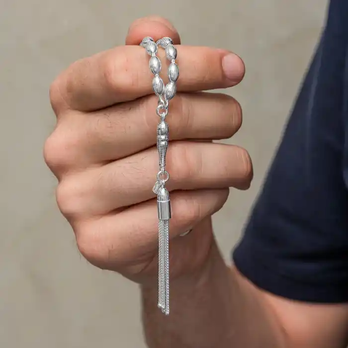 Gümüş Arpa Kesim Çizgili Erkek Tesbih