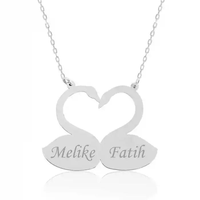 Gümüş Aşık Kuğular Plaka Kolye