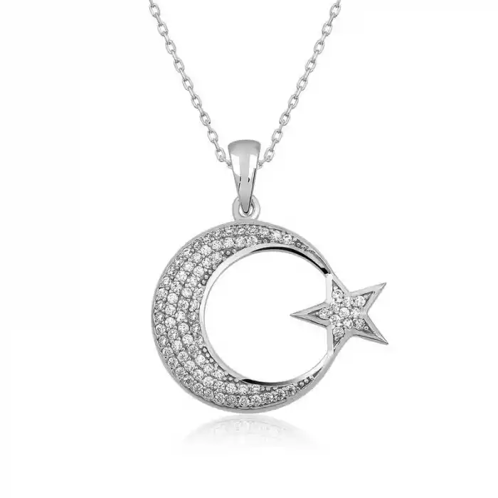 Gümüş Ay Yıldız Bayan Kolye
