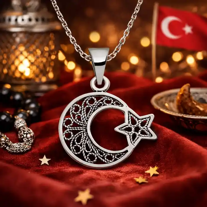 Gümüş Ay Yıldız Telkari Bayan Kolye