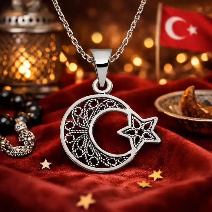 Gümüş Ay Yıldız Telkari Bayan Kolye