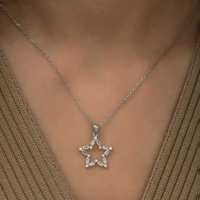 Gümüş Baget Taşlı Yıldız Kolye