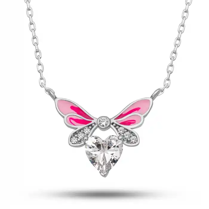 Gümüş Beyaz Kalp Peri Kanatlı Kolye