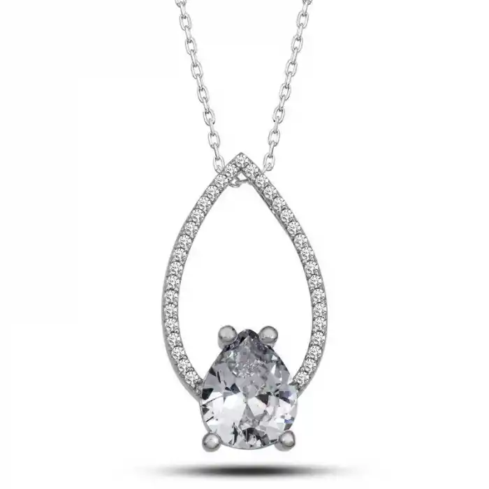 Gümüş Beyaz Taşlı Damla Kadın Kolye