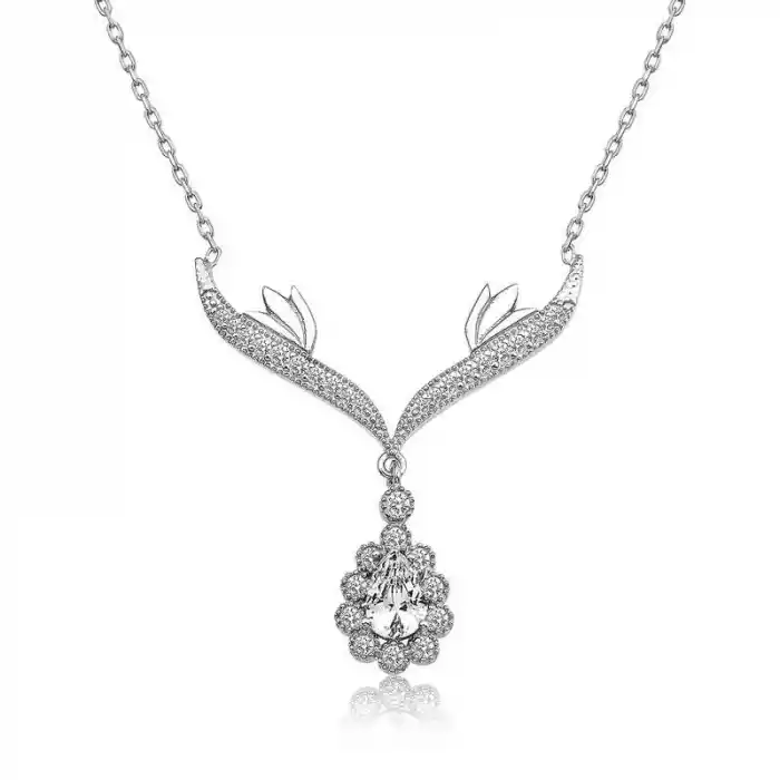 Gümüş Beyaz Taşlı Madalyon  Bayan Kolye