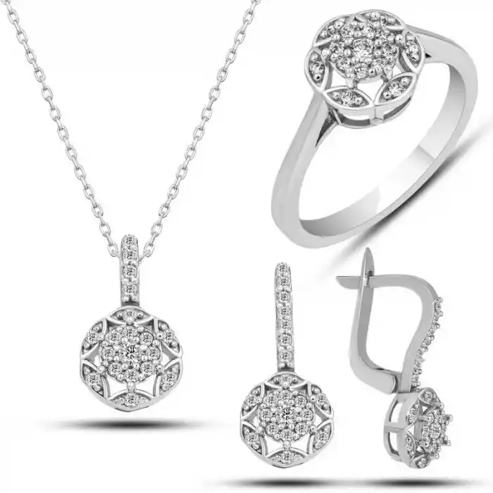 Gümüş Beyaz Zirkon Taşlı Çiçek Kadın Set
