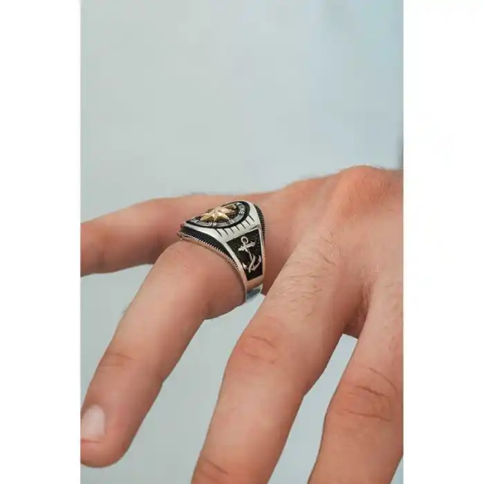 Gümüş Çapa Detaylı Pusula Erkek Yüzük