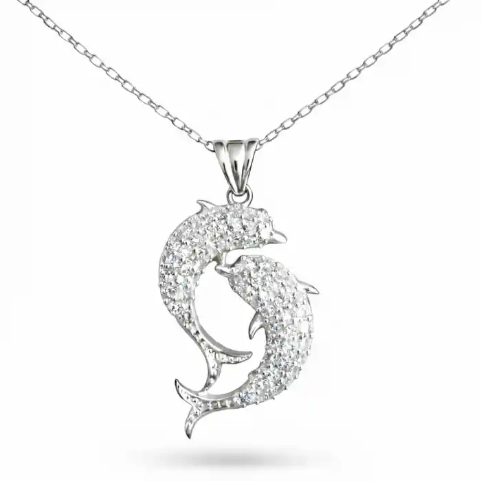 Gümüş Çift Yunus Balığı Kadın Kolye