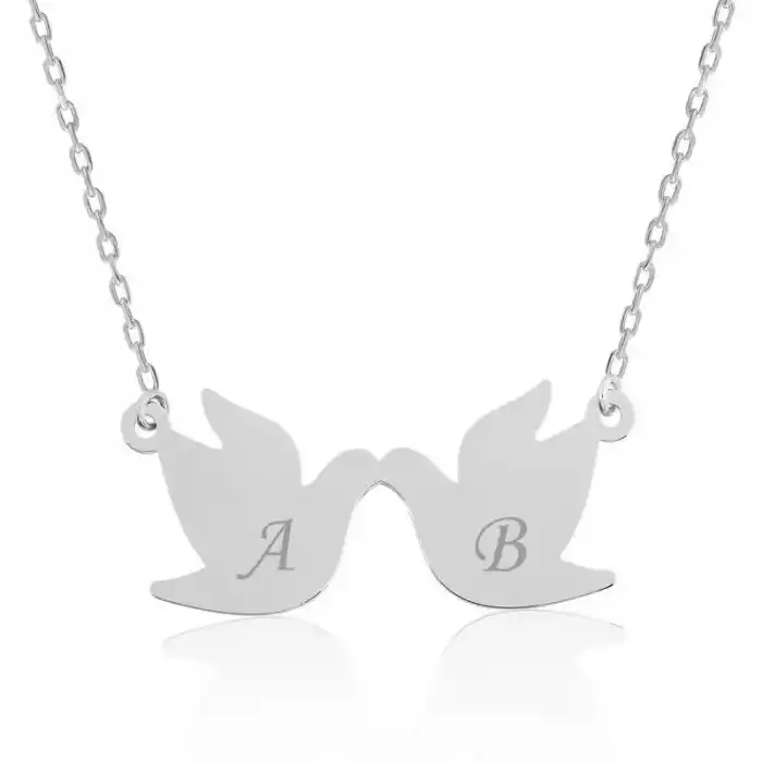 Gümüş Çifte Kumrular Harf Yazılı Kolye