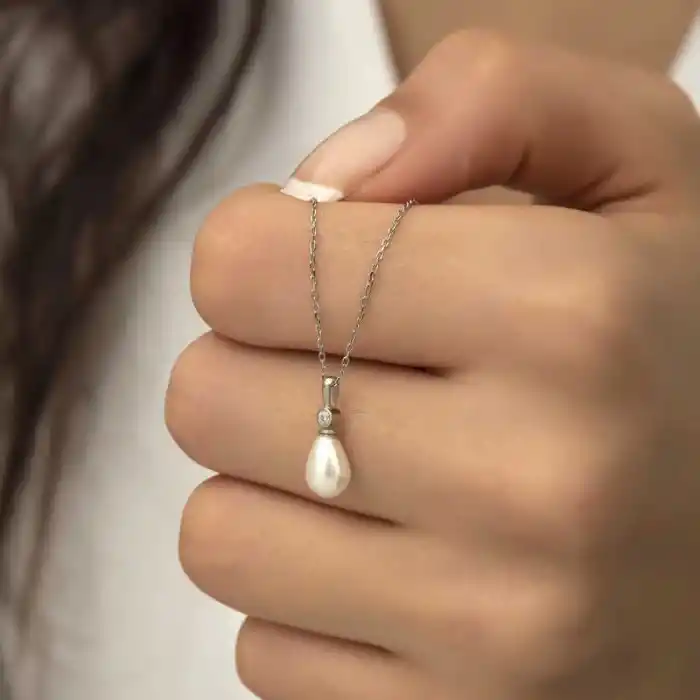 Gümüş Damla İnci Bayan Kolye