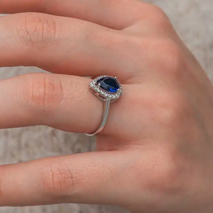 Gümüş Damla Safir Taşlı Kadın Yüzük