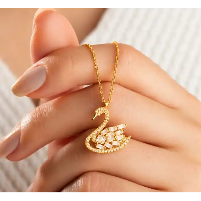 Gümüş Gold Baget Taşlı Kuğu Kadın Kolye