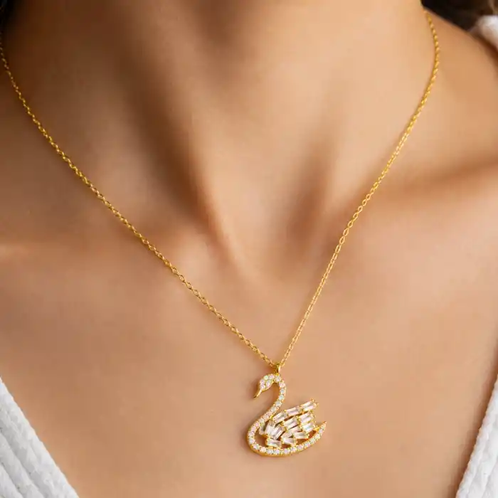 Gümüş Gold Baget Taşlı Kuğu Kadın Kolye