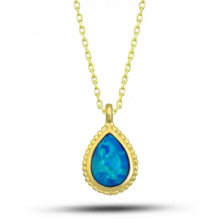 Gümüş Gold Damla Mavi Opal Taşlı Kadın Kolye