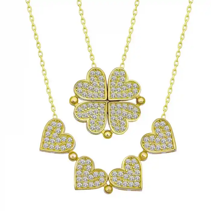 Gümüş Gold Kalpli Açılabilen Yonca Kadın Kolye