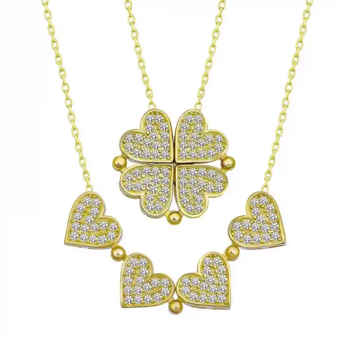 Gümüş Gold Kalpli Açılabilen Yonca Kadın Kolye