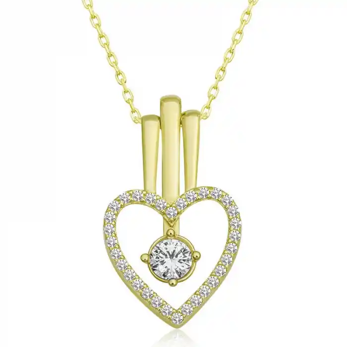 Gümüş Gold Kalpli Tek Taş Kadın Kolye