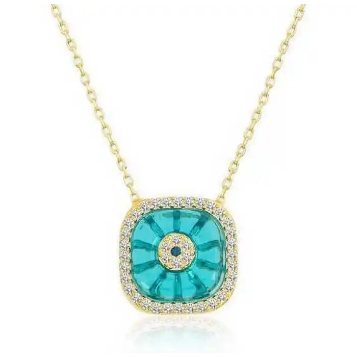 Gümüş Gold Kare Camgöz Nazar Bayan Kolye