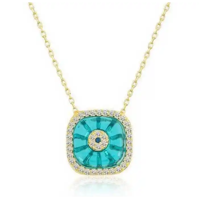 Gümüş Gold Kare Camgöz Nazar Bayan Kolye