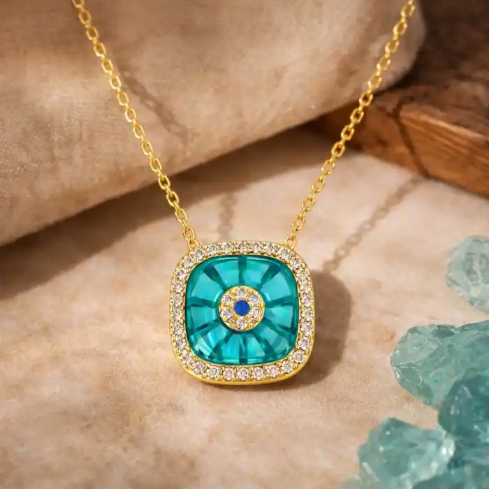 Gümüş Gold Kare Camgöz Nazar Bayan Kolye