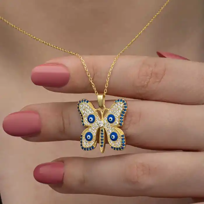 Gümüş Gold Nazarlı Kelebek Kadın Kolye