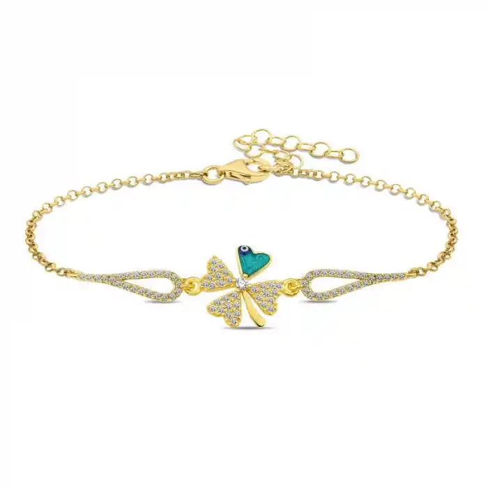 Gümüş Gold Nazarlı Yonca Bileklik