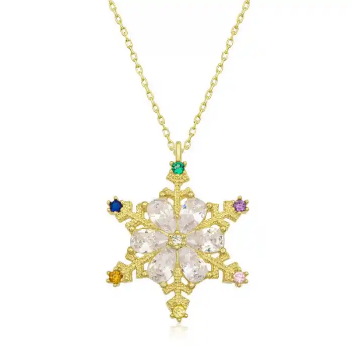 Gümüş Gold Renkli Taşlı Kar Tanesi Kadın Kolye
