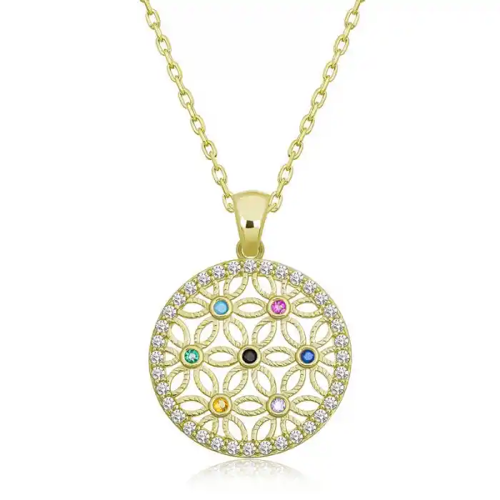 Gümüş Gold Renkli Taşlı Yaşam Çiçeği Kadın Kolye