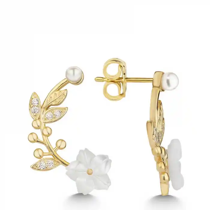 Gümüş Gold Sedef Çiçek Çivili Kadın Küpe