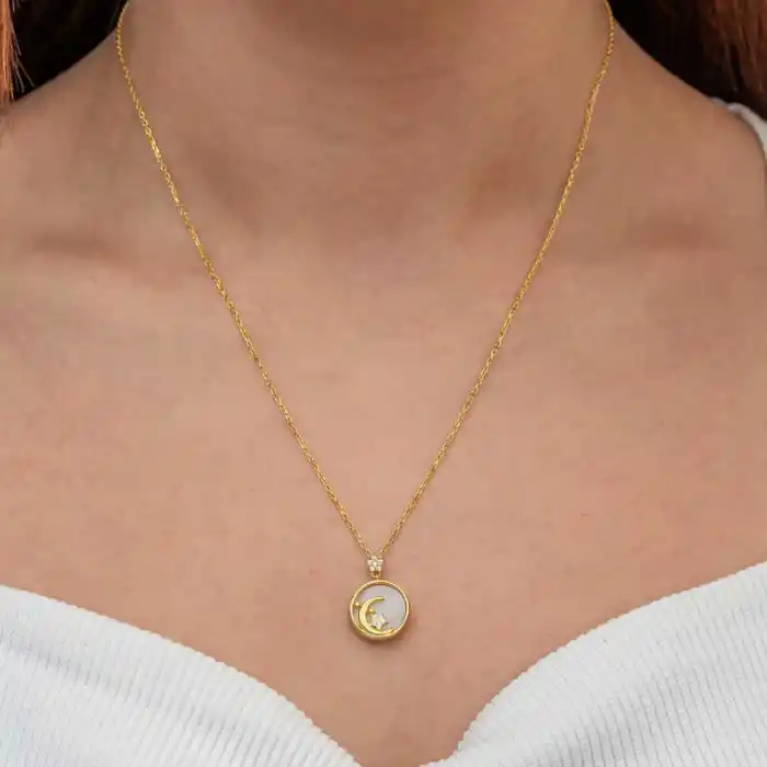 Gümüş Gold Sedef Taşlı Ay Yıldız Hilal Kadın Kolye