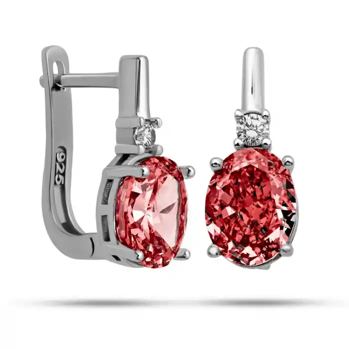 Gümüş Ice Cut Oval Kırmızı Zirkon Taşlı Kadın Küpe