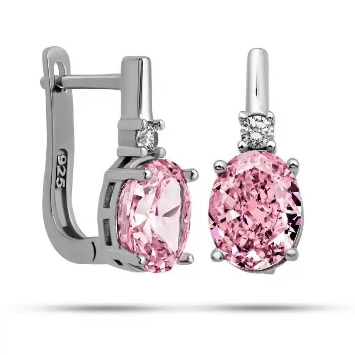Gümüş Ice Cut Oval Pembe Zirkon Taşlı Kadın Küpe