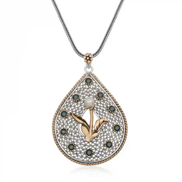 Gümüş İnci Çiçek Otantik Bayan Kolye