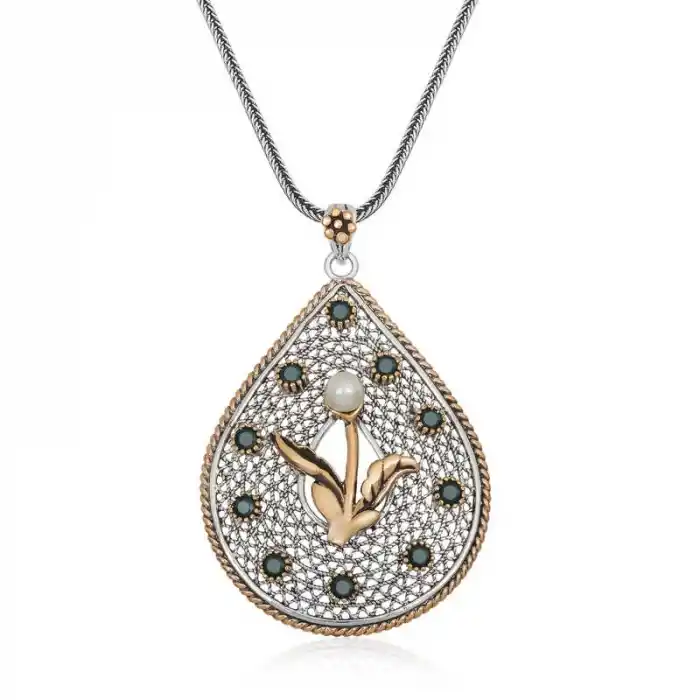 Gümüş İnci Çiçek Otantik Bayan Kolye