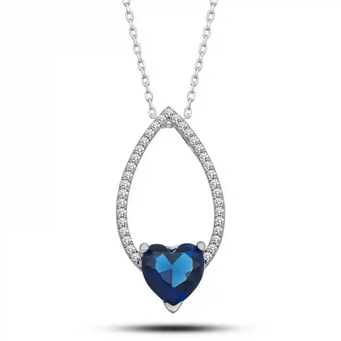 Gümüş Kalp Mavi Taşlı Damla Kadın Kolye