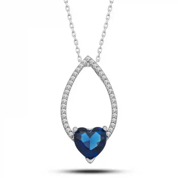 Gümüş Kalp Mavi Taşlı Damla Kadın Kolye
