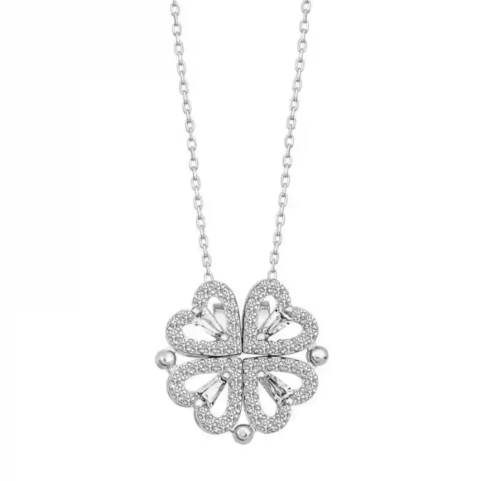 Gümüş Kalpli Açılabilen Yonca Kadın Kolye