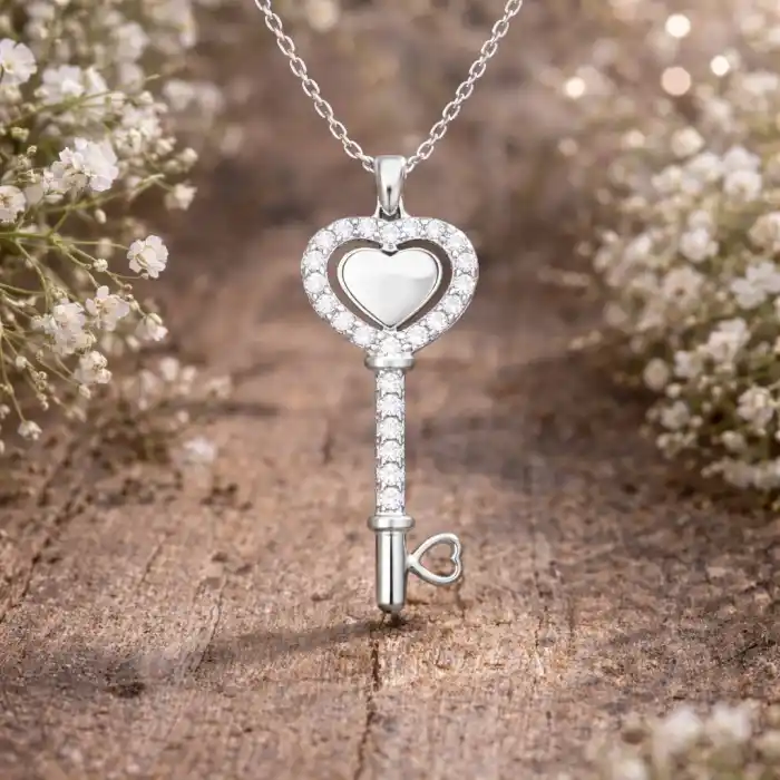 Gümüş Kalpli Anahtar Kadın Kolye